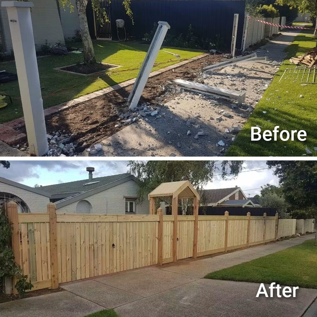 Before and after custom front fence project by Mordy Fencing